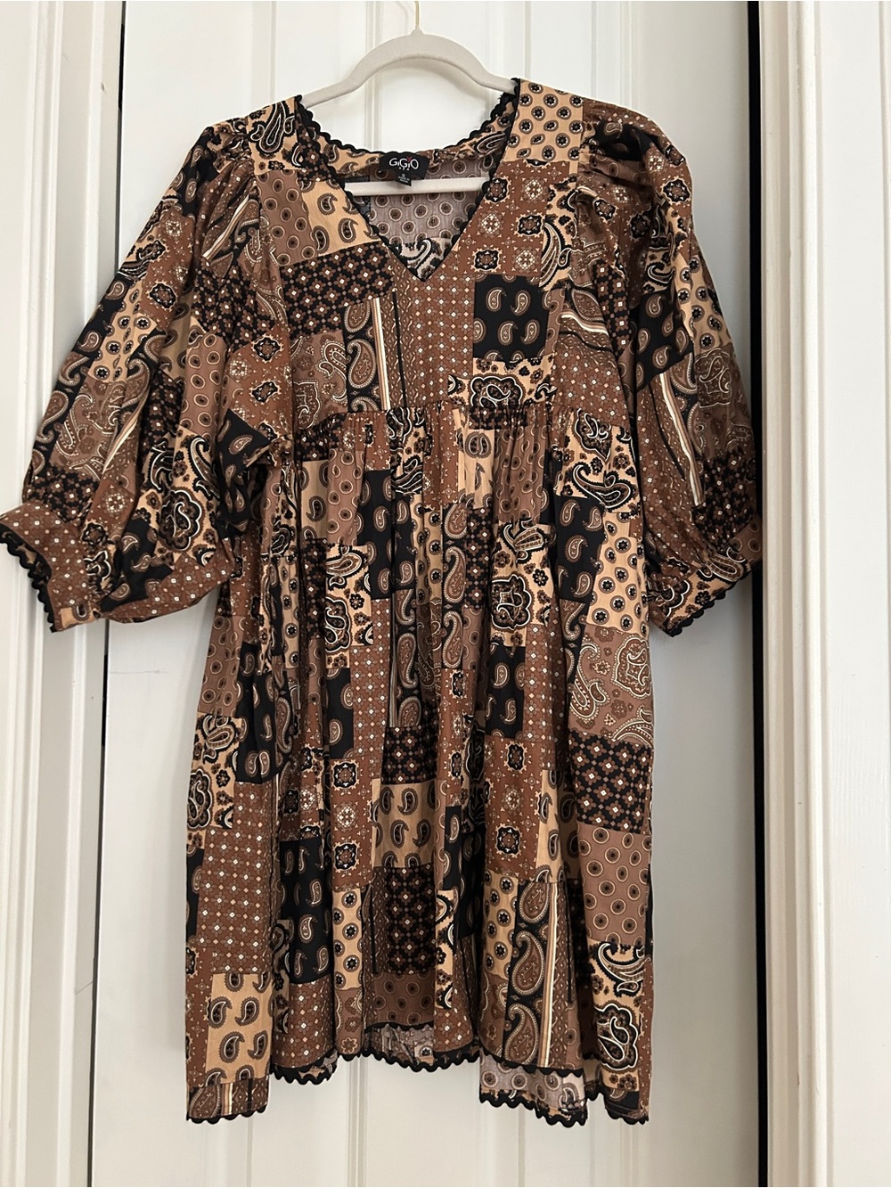 Patchwork Paisley Mini Dress in Brown and Black
